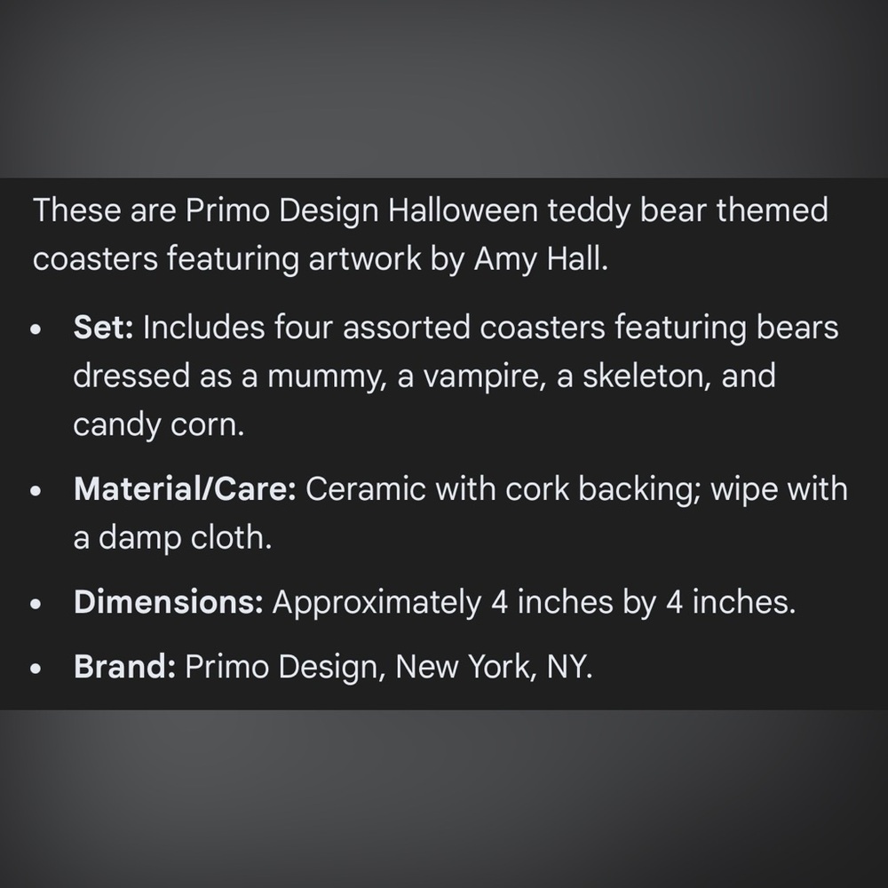 Ceramic Halloween Bear Coaster Set - Assorted Designs- Cork Backing. - Picture 6 of 12